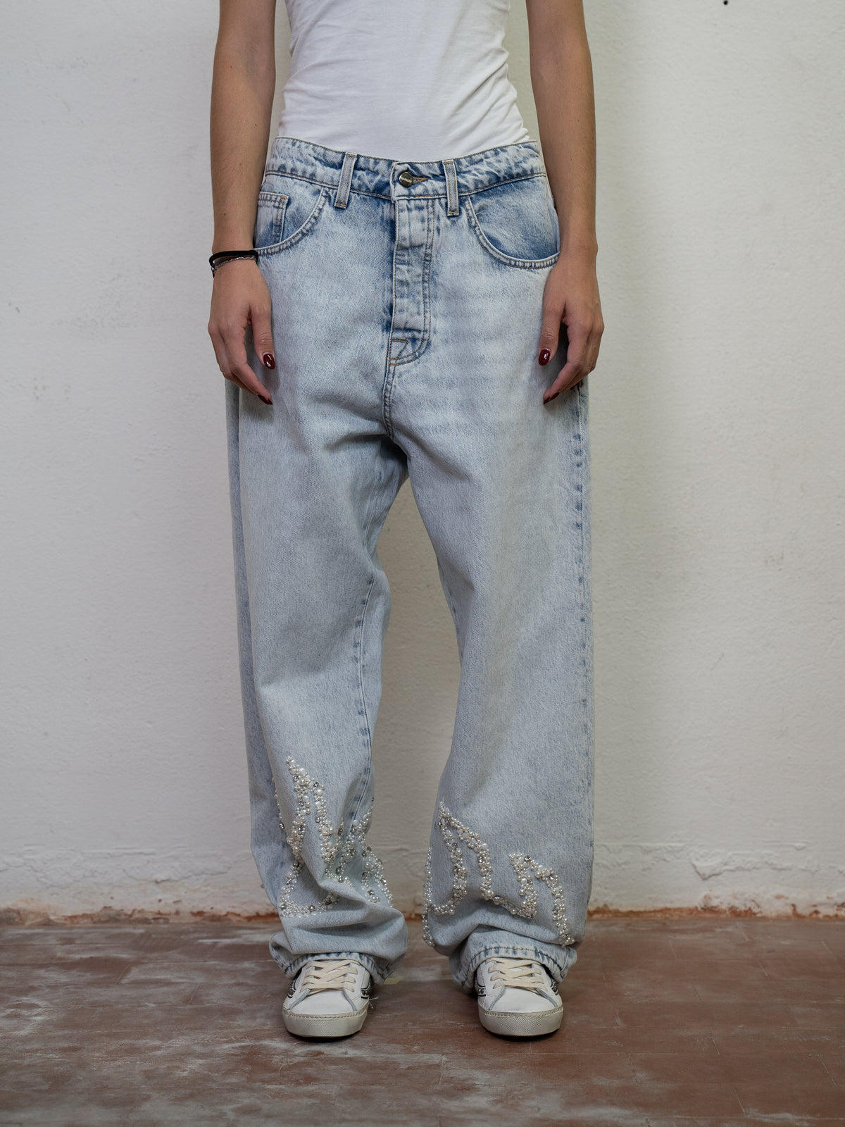 EMBROIDED PEARL WIDE LEG DENIM