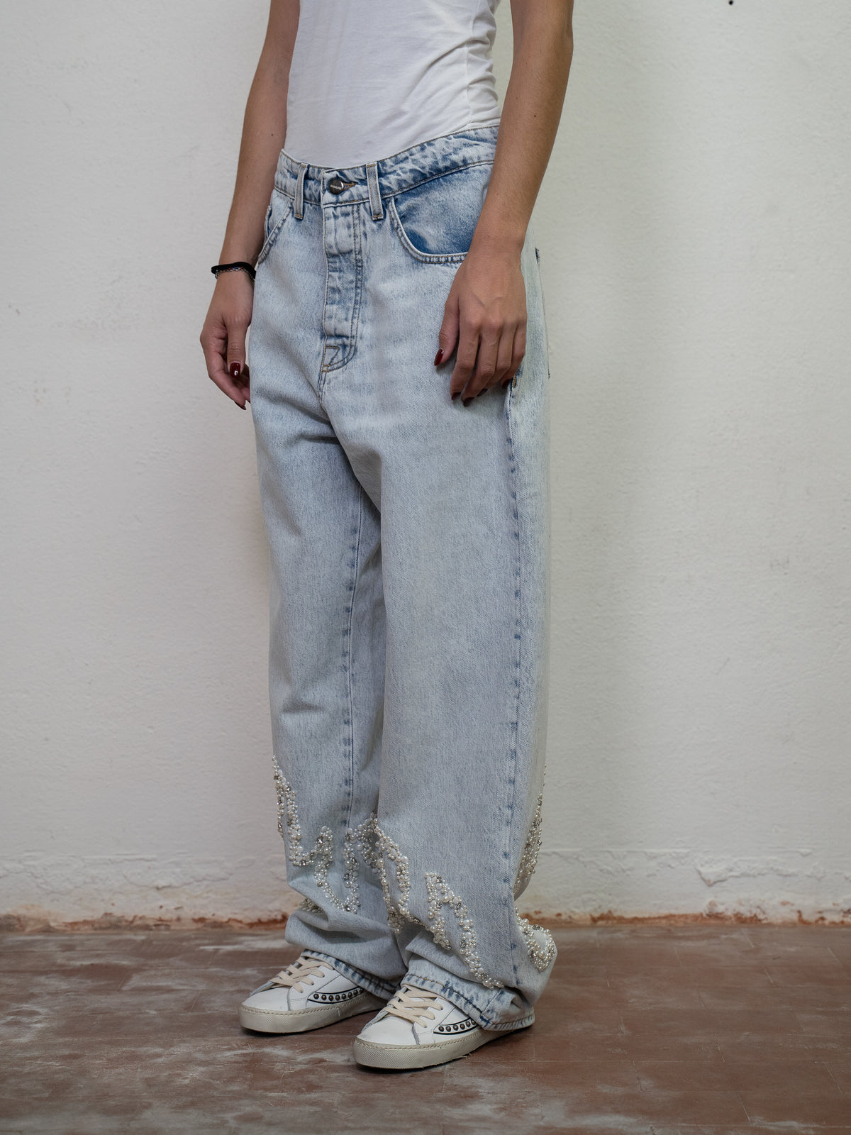 EMBROIDED PEARL WIDE LEG DENIM